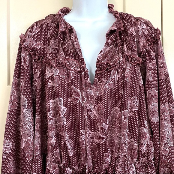 ELOQUII Elements Wine Floral Satin Dress Plus Size 14/16 Ruffle Yoke Long Sleeve - Picture 3 of 15